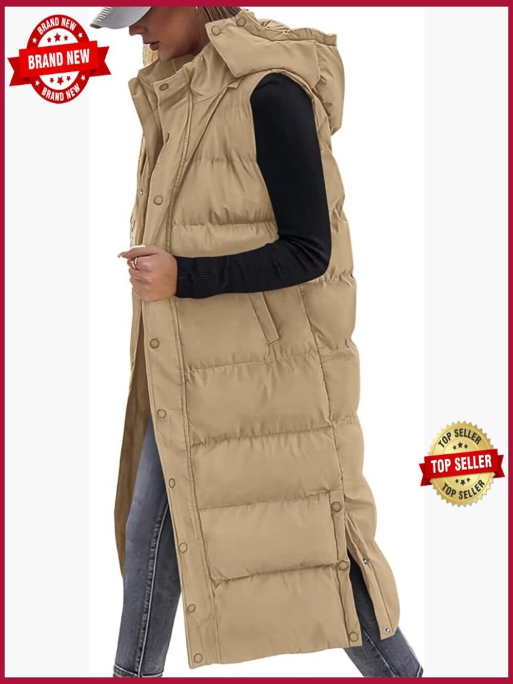 Long Quilted Puffer Vest Sleeveless Hooded Button Down Zip Up Outerwear Fall